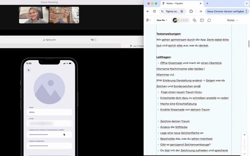 Cognitive Walkthrough per Zoom mit Michelle Bümmerstede: Low-Fi-Prototyp auf dem iPhone und Leitfragen in FigJam