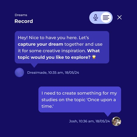 UI-Ausschnitt von dreaimade: Chat beim Aufnehmen eines Traums, dreaimade fragt nach dem Thema